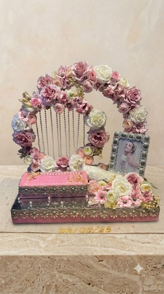 Pink Velvet Wedding Ring Tray with Floral Hoop and Photo Frame. Buy for