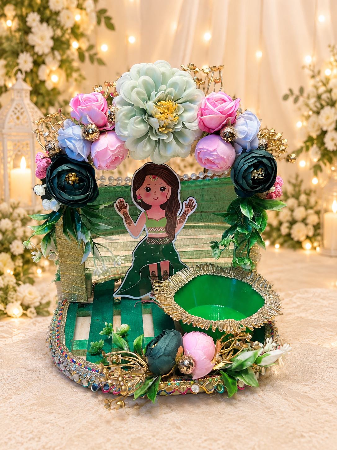 Mehndi Ceremony Decorative Platter with Bride Cutout & Green Bowl