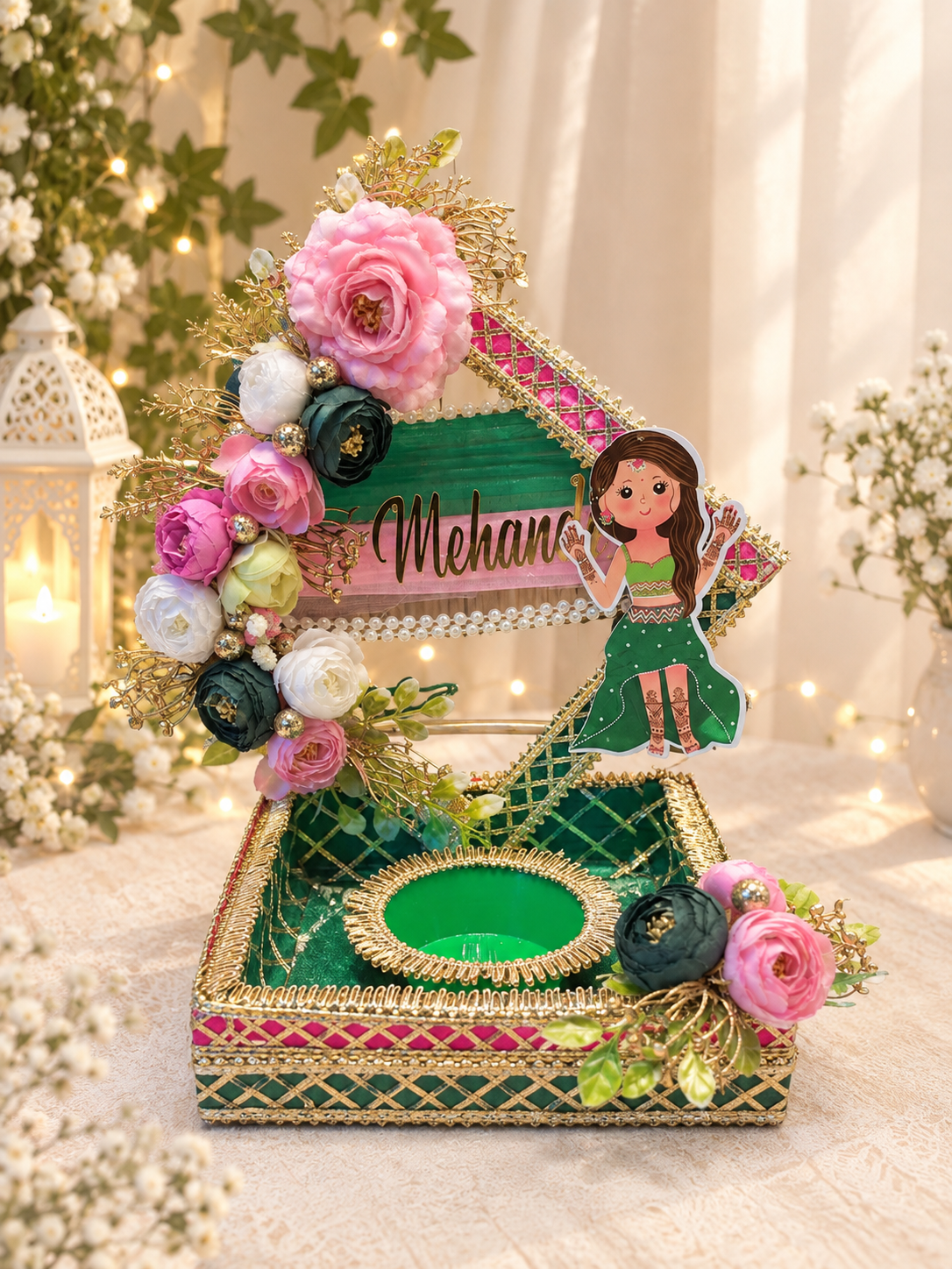 Mehndi Ceremony Decorative Platter with Bride Cutout & Bowl Holder