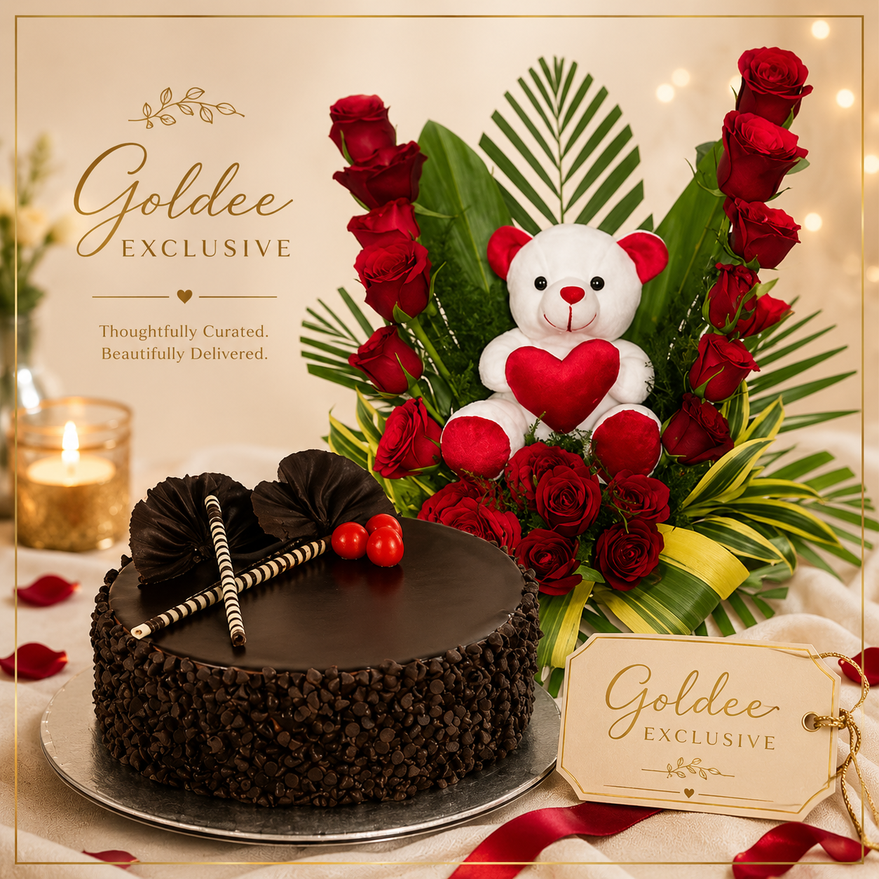 Teddy, Roses & Truffle Luxe (Teddy rose bouquet  with chocolate cake)