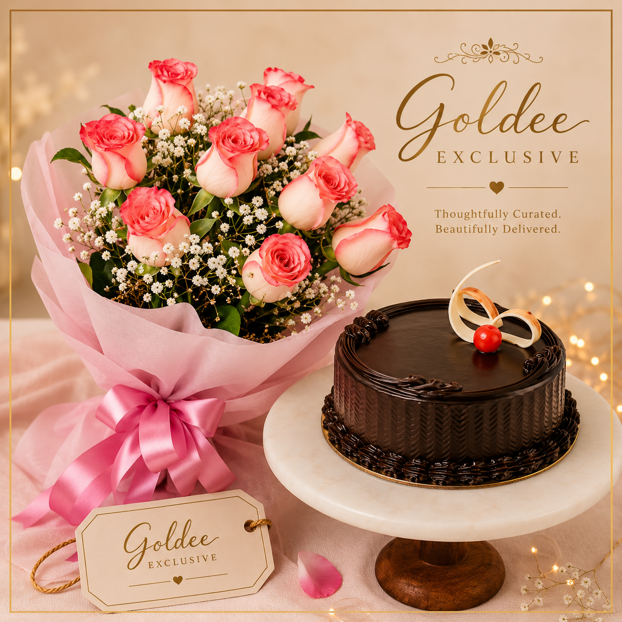 Pink Elegance &Chocolate Bliss (12 white blush roses with half kg chocolate cake)