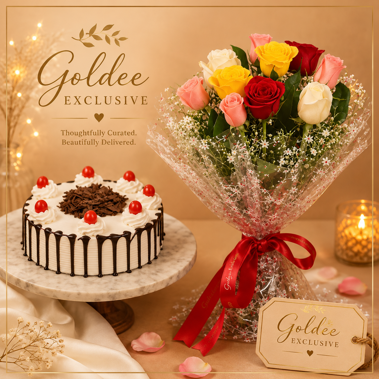 Radiant Blossoms & Black Forest Delight(10 mix roses bouquet with half kg cake)