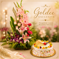 Paradise Petals & Fruity Delight (Premium floral bouquet with 1/2 kg fruit cake)