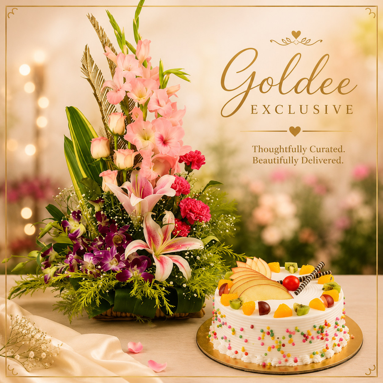 Paradise Petals & Fruity Delight (Premium floral bouquet with 1/2 kg fruit cake)