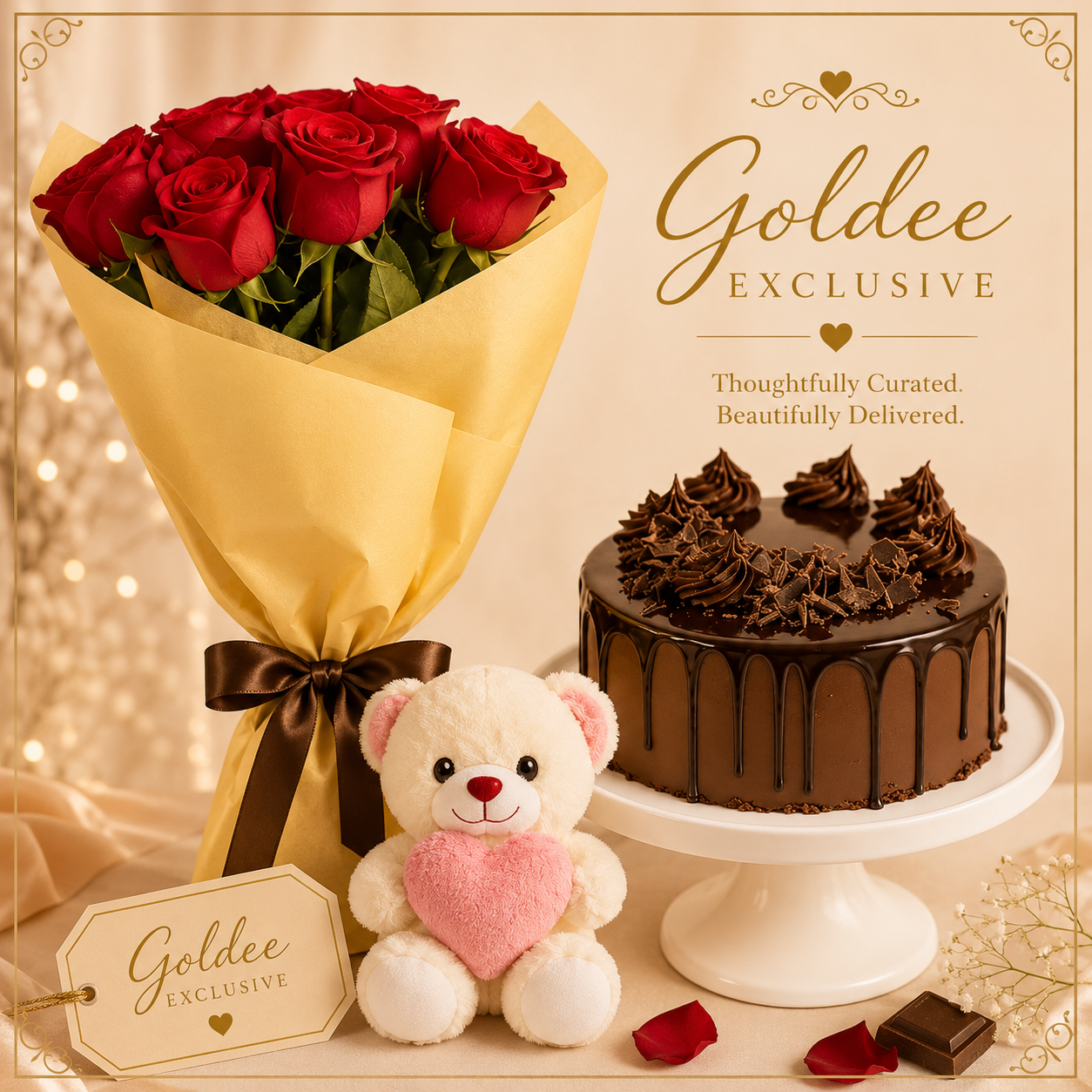 The Celebration Trio (10 roses bouquet with teddy and cake)