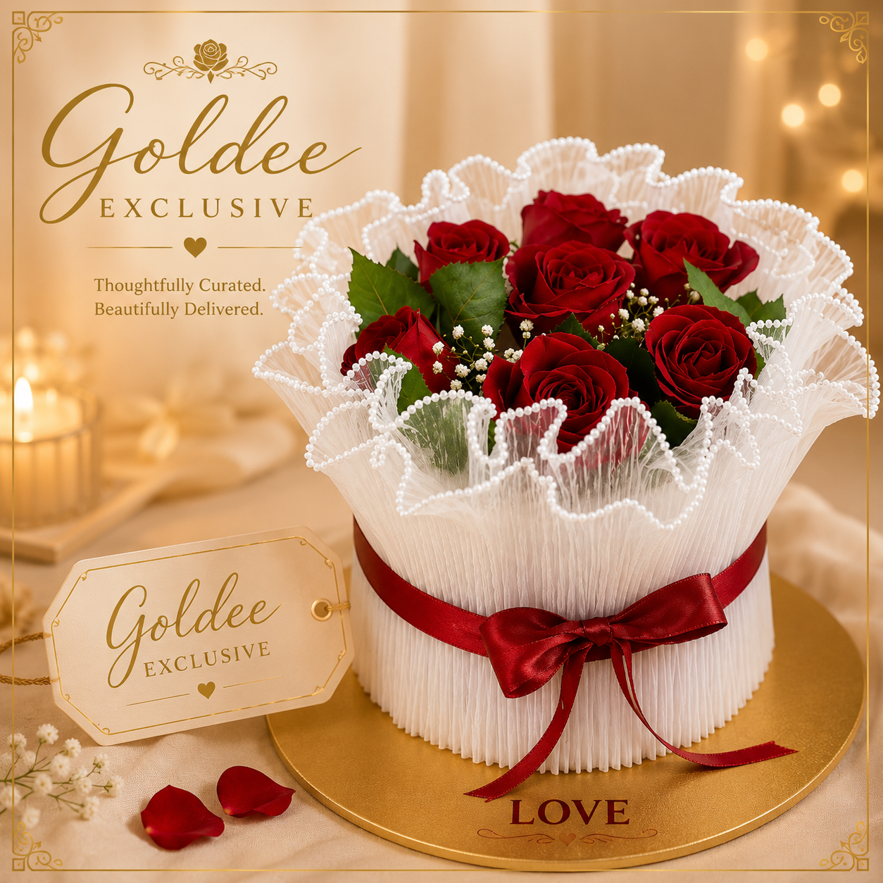 Pearl Ruffle Rose Bloom (Fresh rose bouquet with mesh cake 750gm)