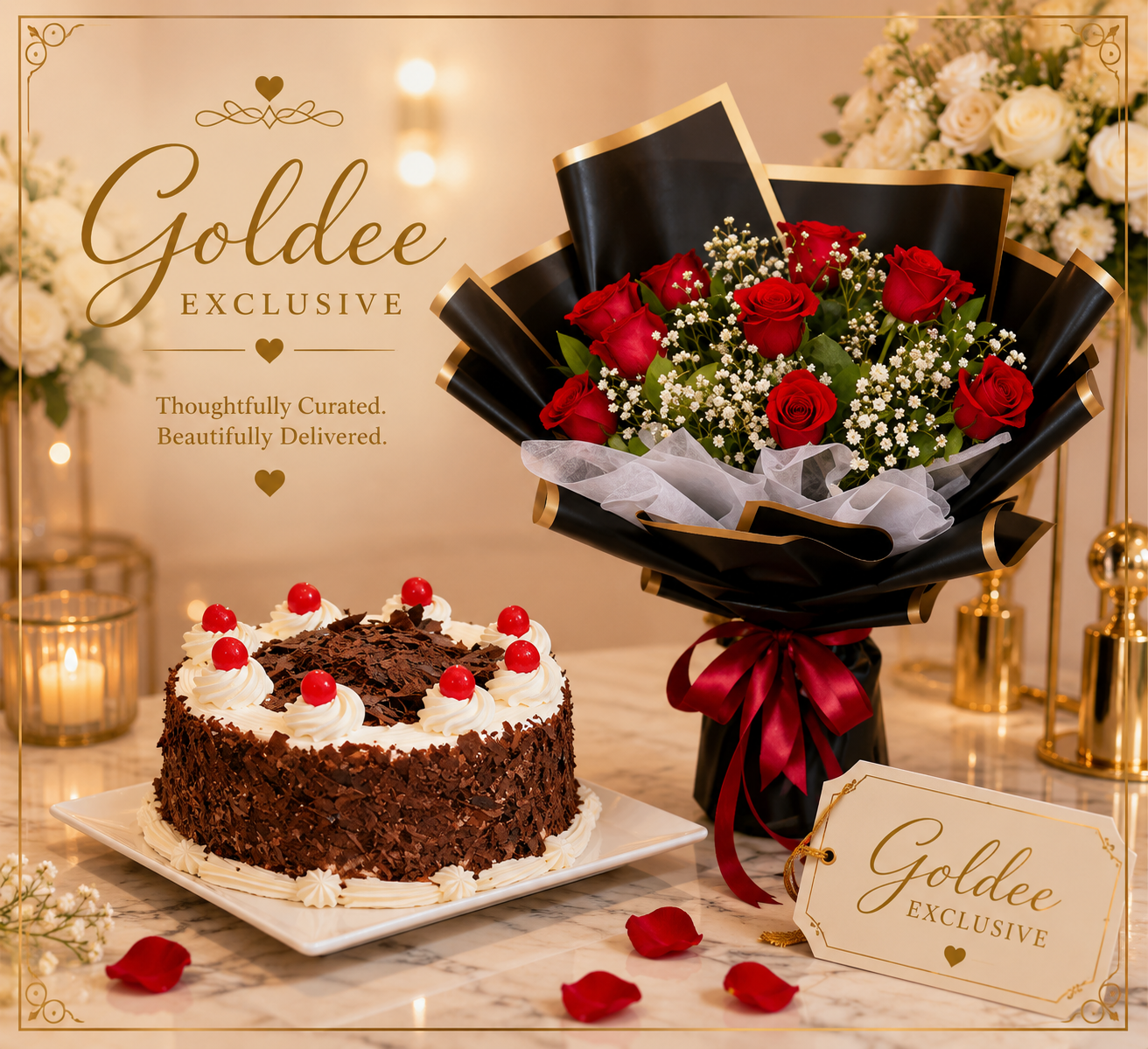 Rose & Black Forest Duo (12 roses  exotic bouquet with baby breath , lights  and half kg cake)