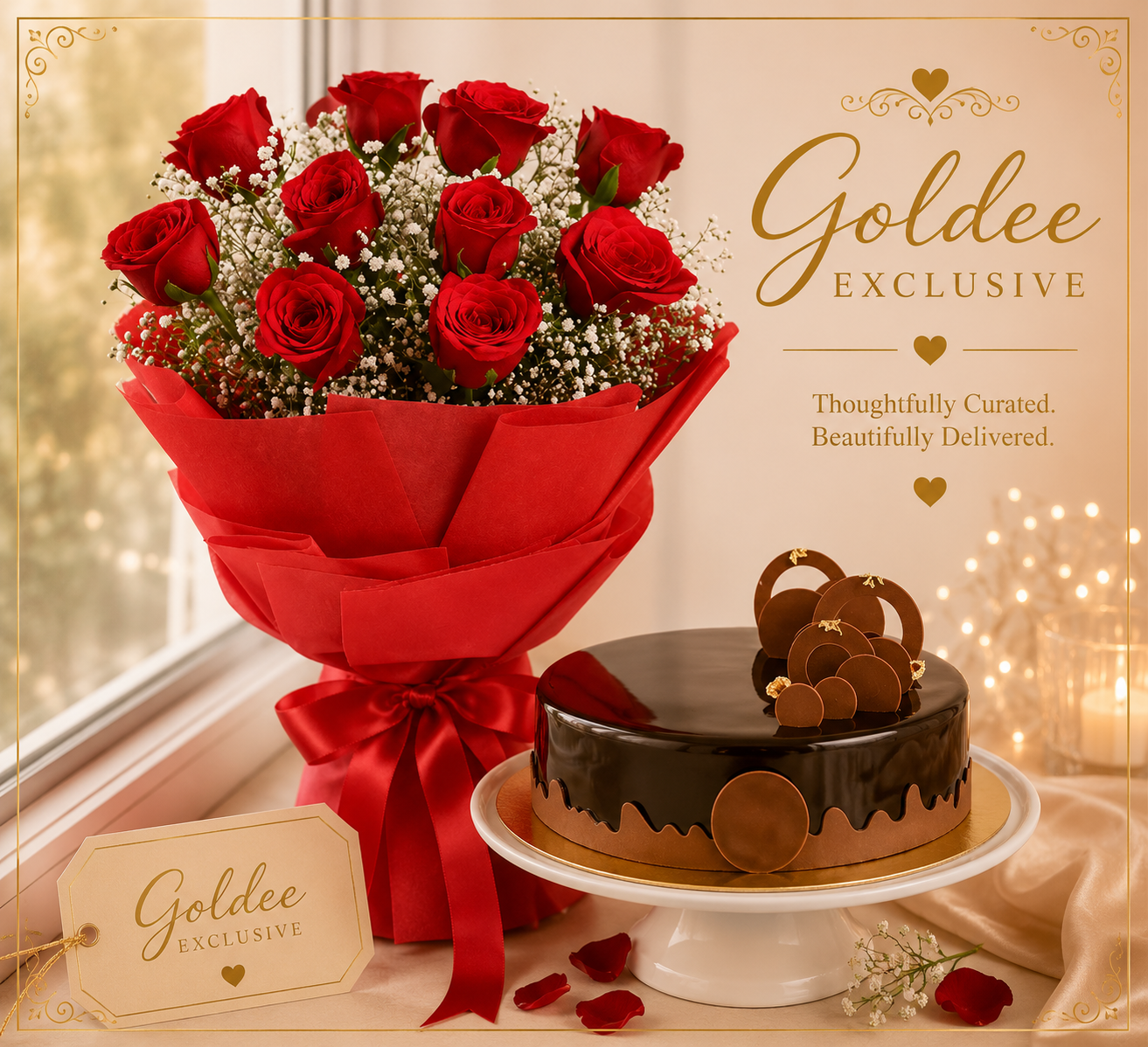 Choco-Rose Luxe (12 roses bouquet with 1/2 kg  chocolate cake)
