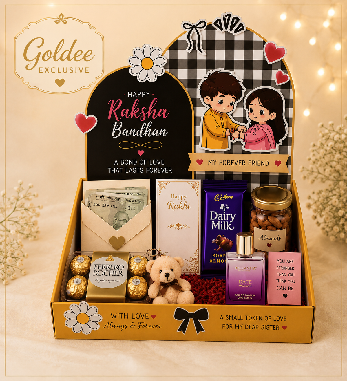 Rakhi Backdrop Hamper (Includes Decor , empty money envelope , dairy milk , ferrero , dry fruit jar , teddy keyring , perfume , rakshabandhan card)