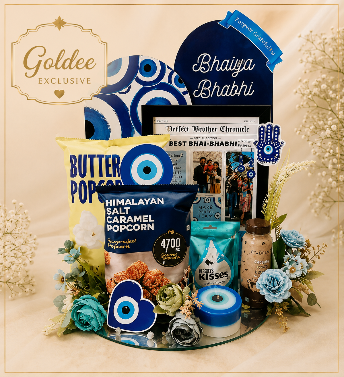 Rakhi Evil Eye Elegant hamper (Includes edible items, photo frame ,scented candle with beautiful decor )