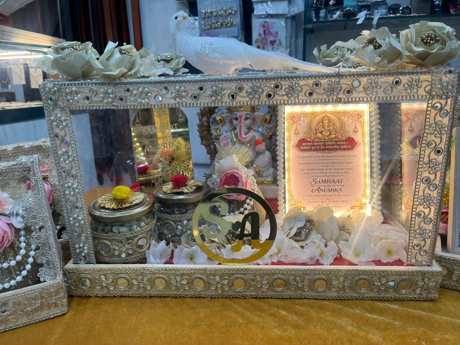 Light-Up Wedding Card Display with Ganesha idol and Jars