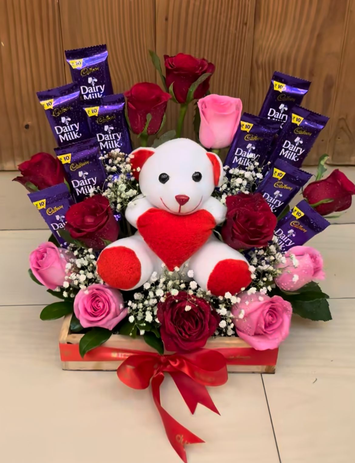 Fresh rose with teddy with chocolate wala hamper