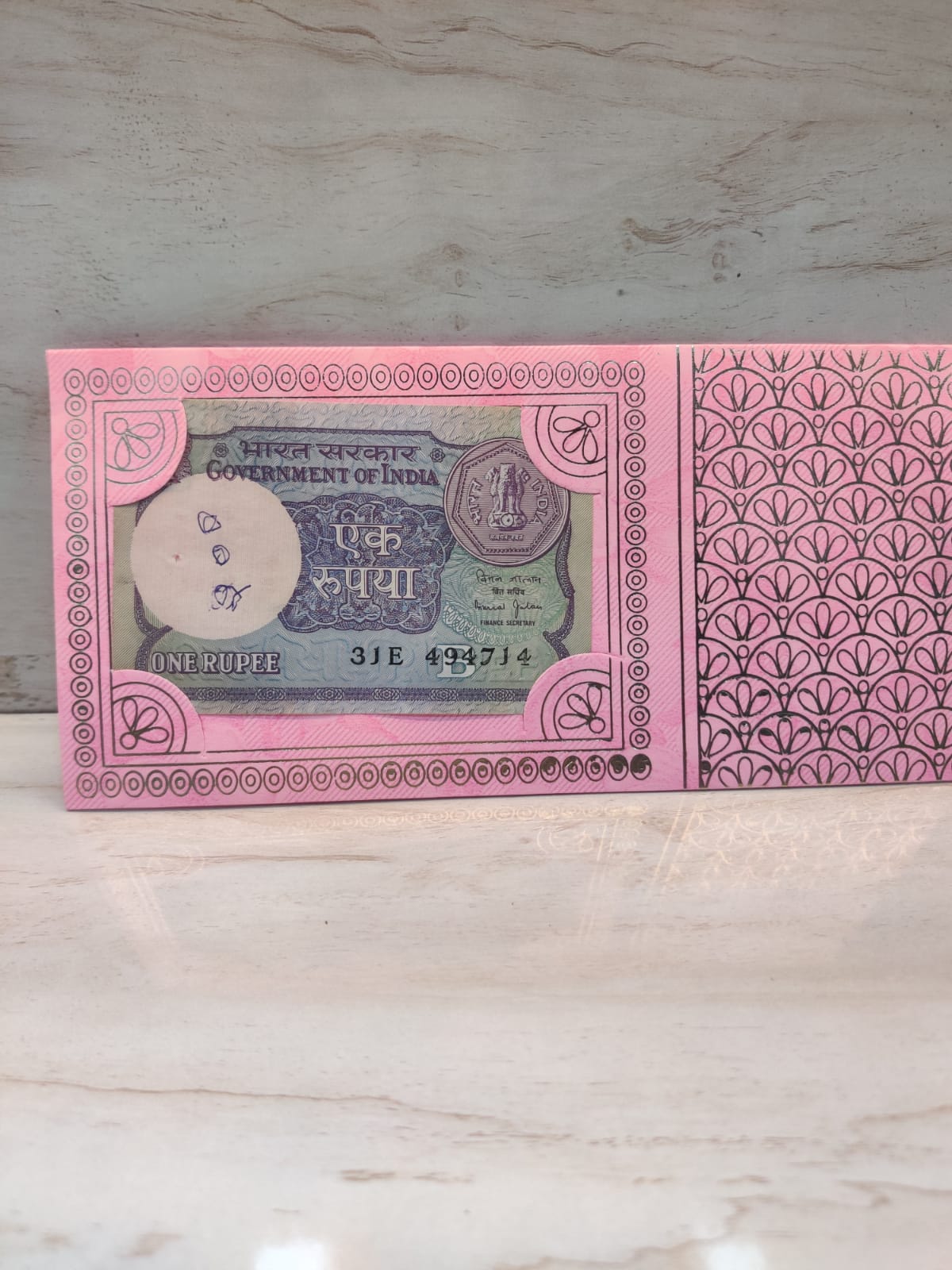 Pink Shagun Envelope with Vintage One-Rupee Note