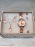 Rose Gold Watch Set with Opal-Style Drop Necklace and Earrings