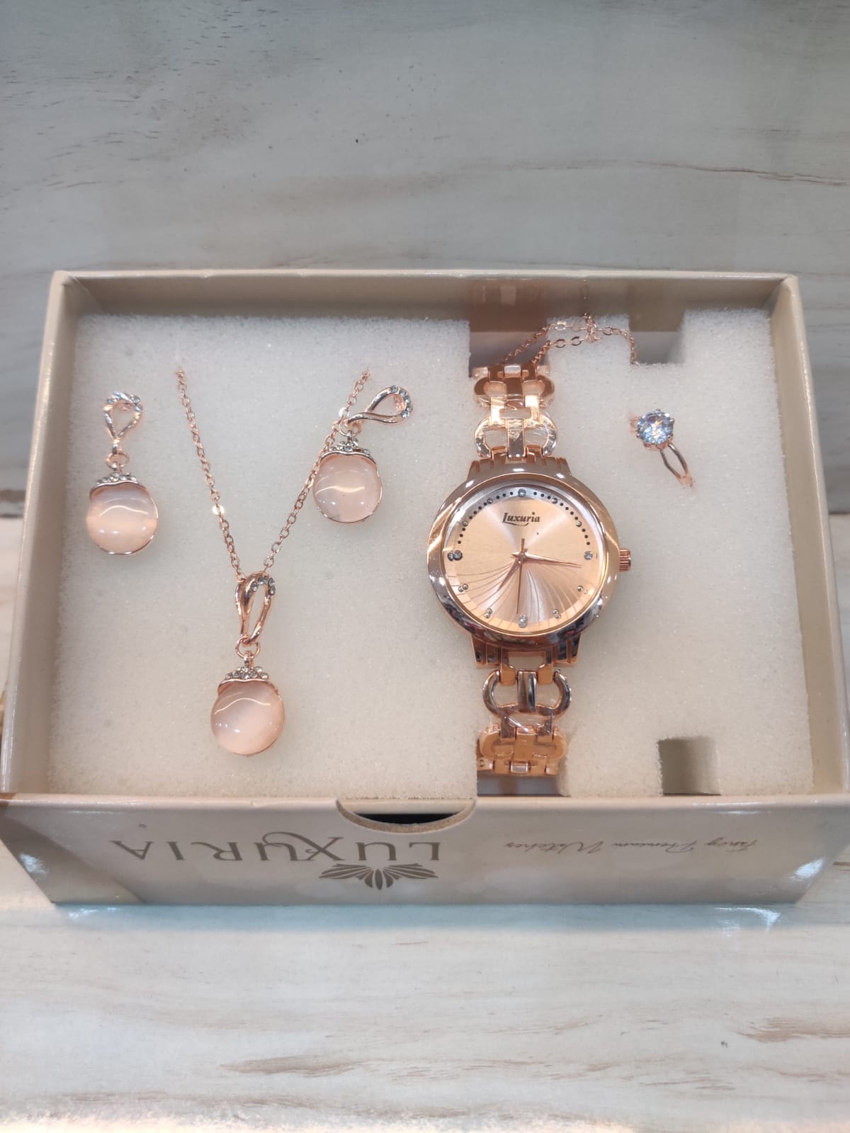 Rose Gold Watch Set with Opal-Style Drop Necklace and Earrings