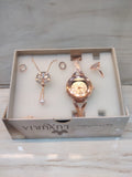 Rose Gold Prism Watch Set with Floral Pendant and Crystal Studs