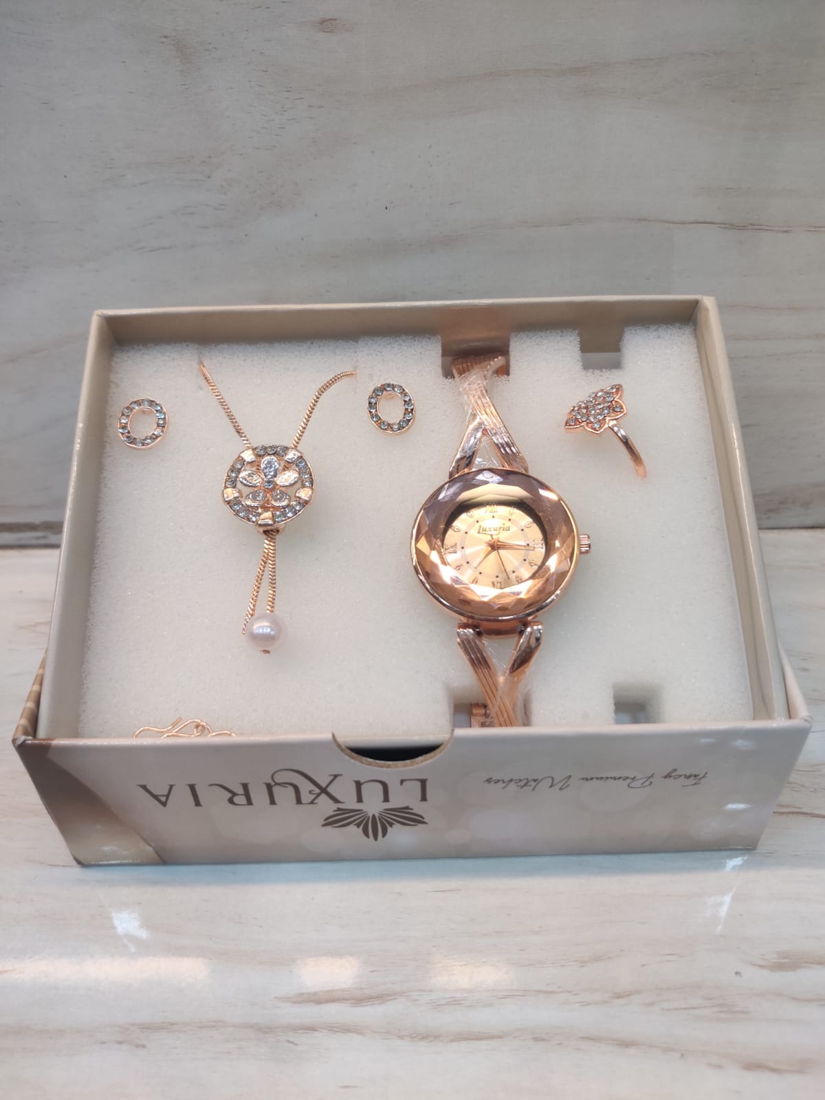 Rose Gold Prism Watch Set with Floral Pendant and Crystal Studs
