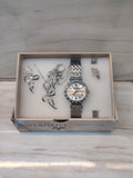 Silver Mesh Strap Watch Set with Pendant and Earrings