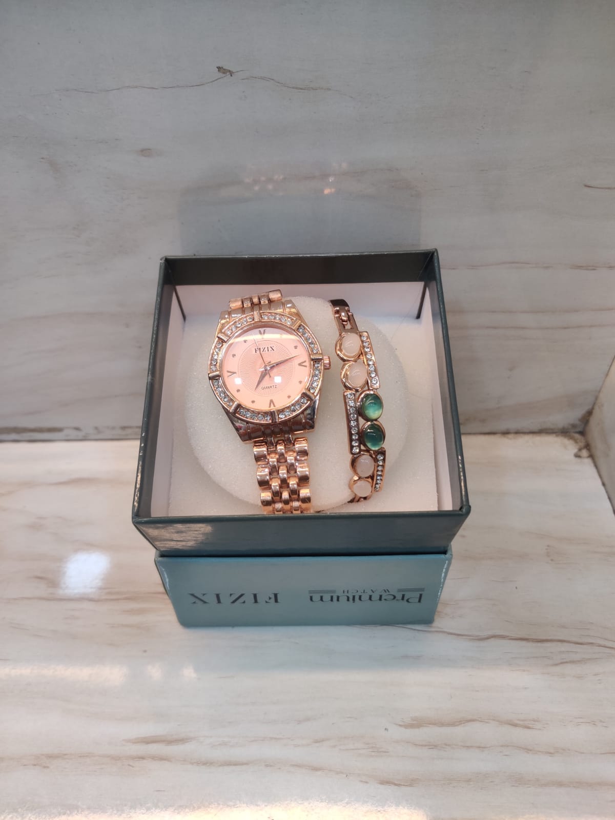 Rose Gold Crystal Watch with Matching Stone-Inlay Bangle