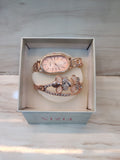 Rose Gold Oval Face Watch with Crystal Floral Bangle
