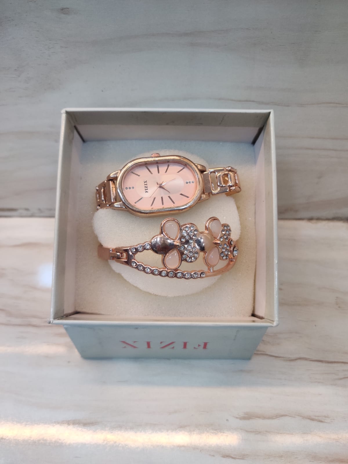 Rose Gold Oval Face Watch with Crystal Floral Bangle