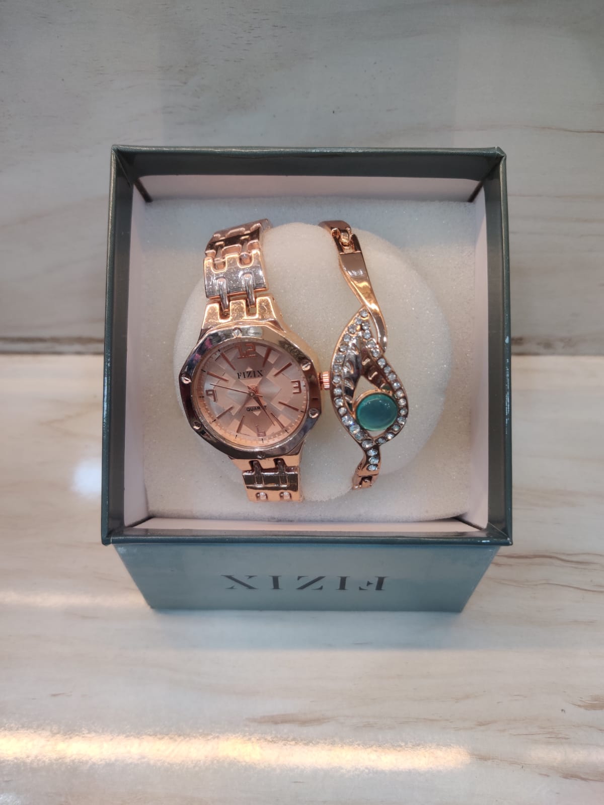 Rose Gold 2-Piece Set with Turquoise Stone Bracelet