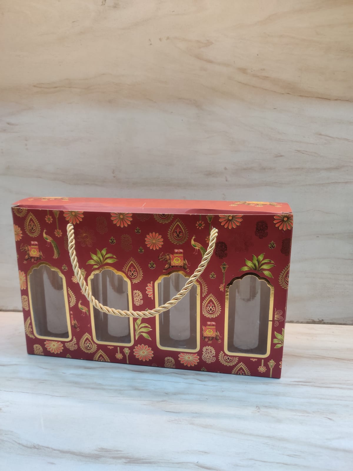 Royal Elephant & Peacock Print 4 Jar Hamper Box