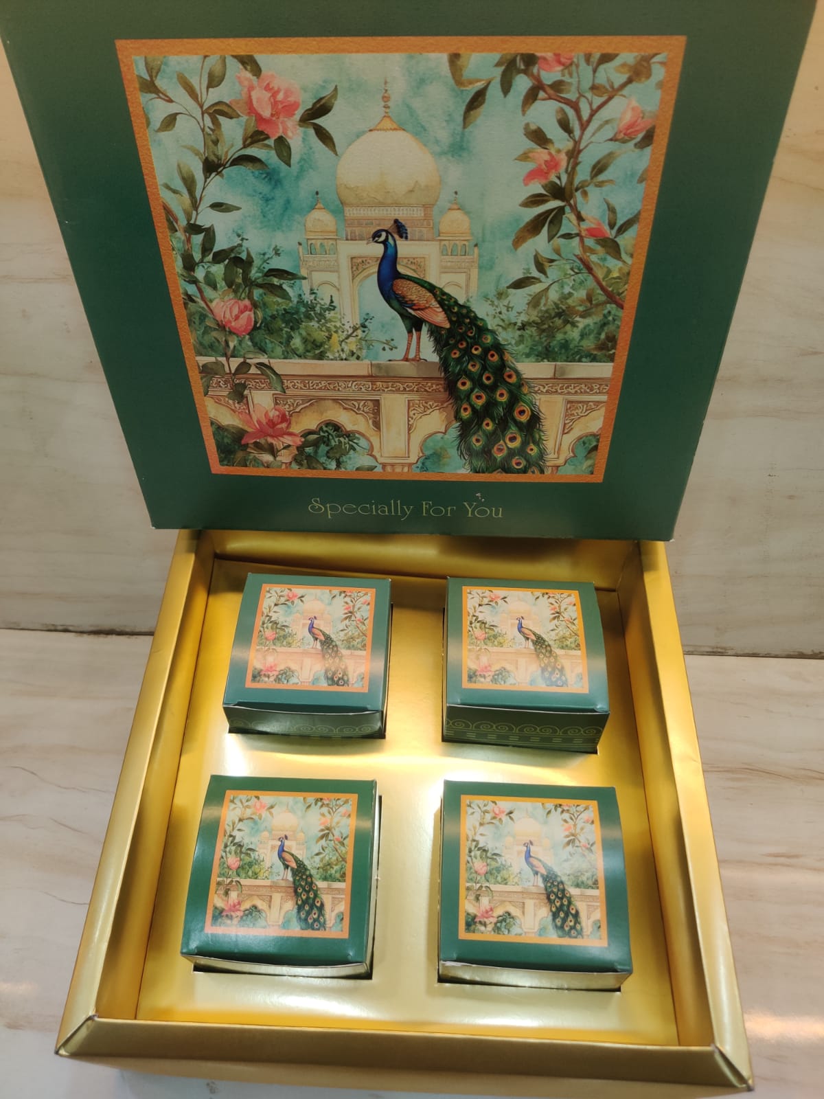 Premium Emerald Green Hamper Box with 4 Matching Inner Sweet/Dry Fruit Boxes