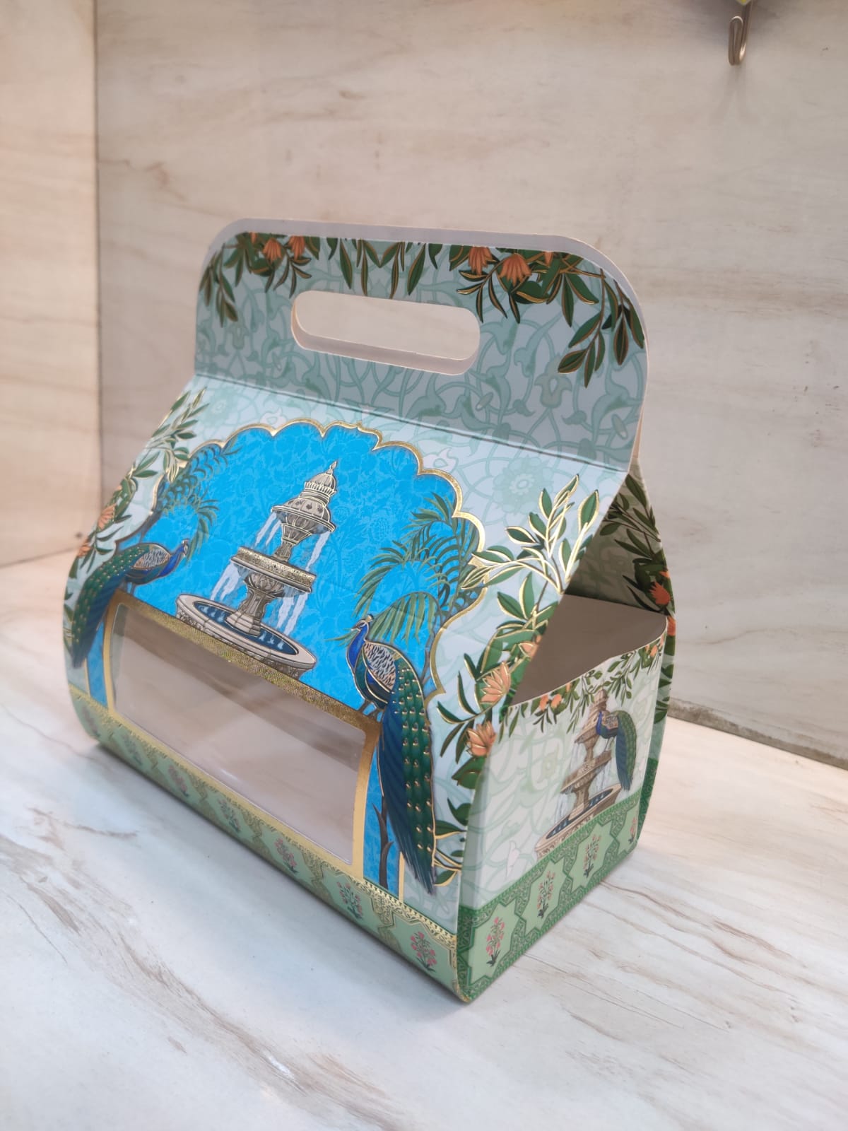 Premium Turquoise Blue Box with Fountain and Peacock(empty jars included)