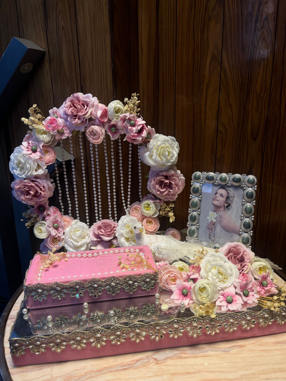 Pink Velvet Wedding Ring Tray with Floral Hoop and Photo Frame. Buy for