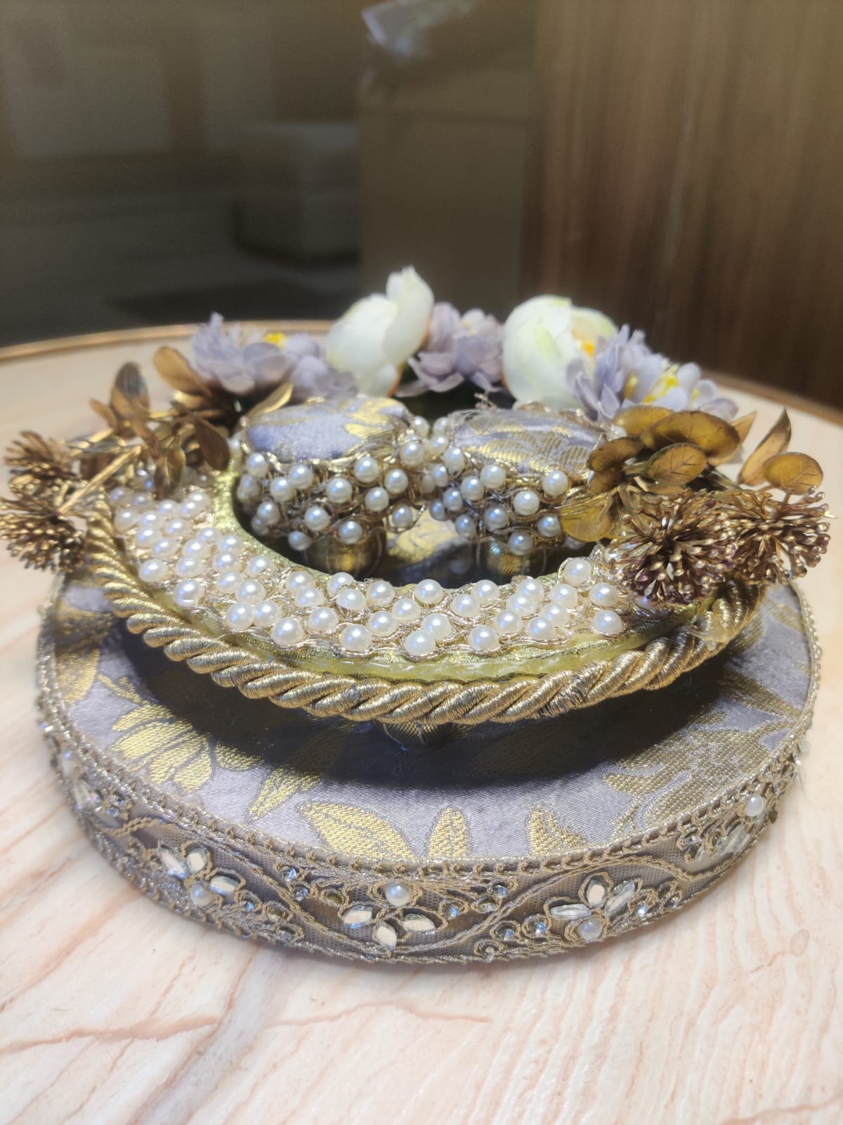 Greyish-Mauve Brocade Round Ring Tray. Buy it for