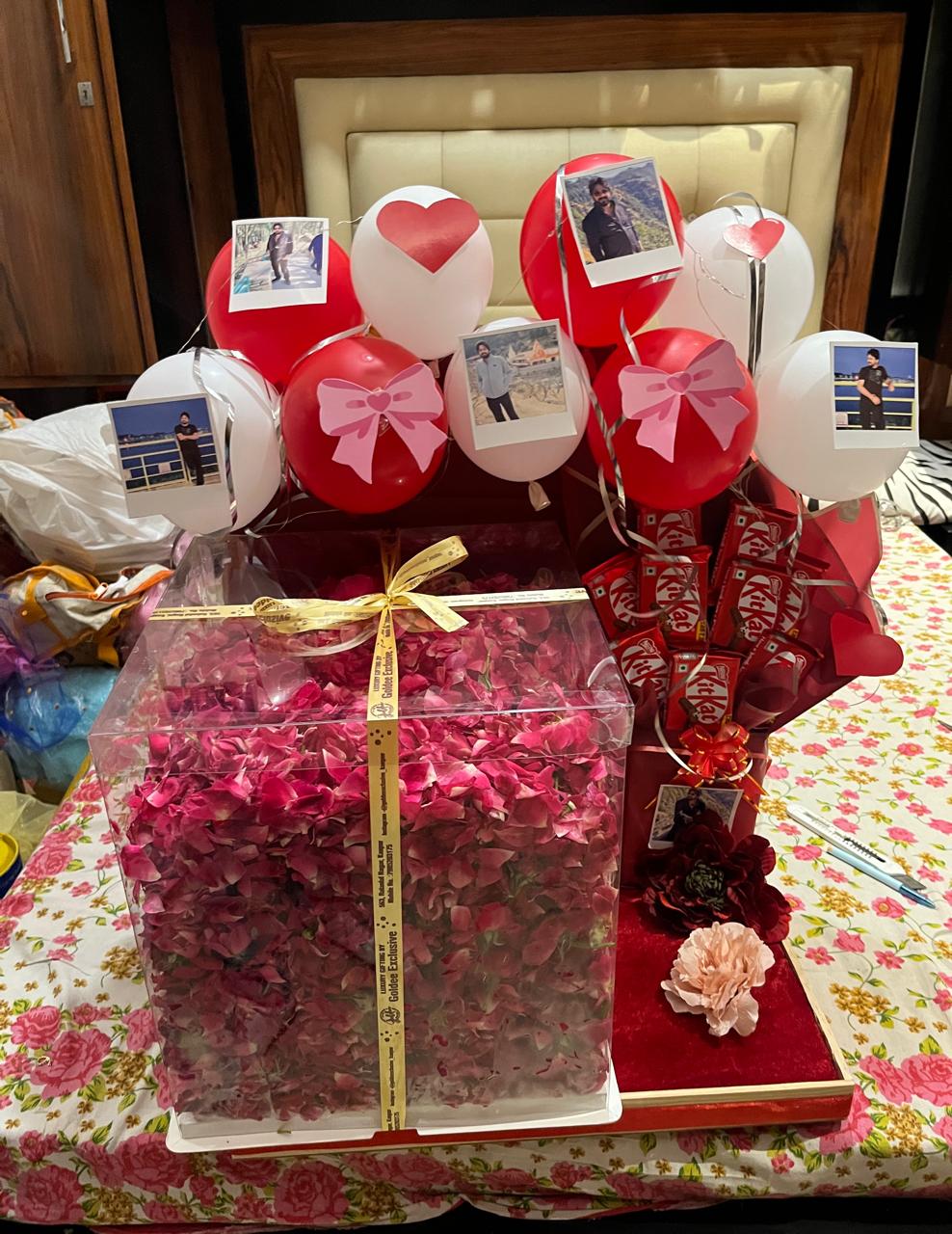 Suprise Hamper Box  with Rose Petal Cake Polaroid Photos and chocolate bouquet