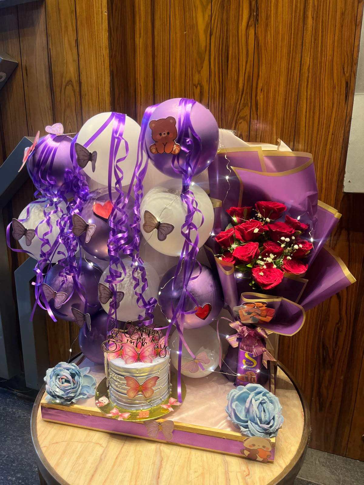 Lavender hamper with red roses
