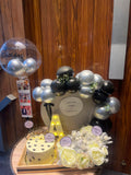 Black and Silver Hamper with cake, balloons and flowers { Alphabet Initial and Polaroid extra Rs500}