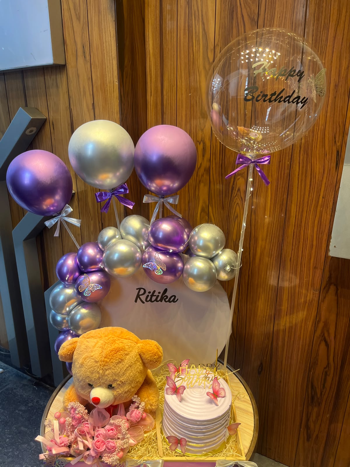 Customized lavender hamper with balloons and teddy