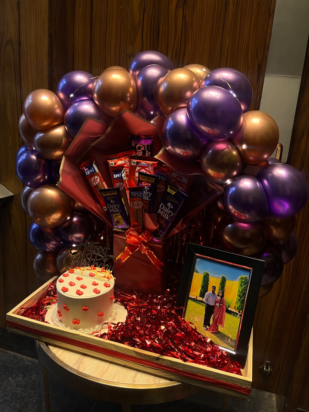 Lavender RoseGold Balloon with Cake , Photo Frame and Chocolate Bouquet