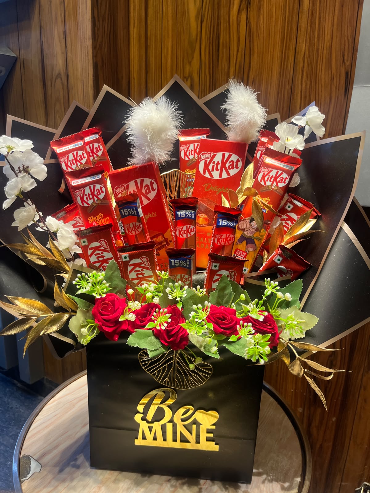 "Be Mine " KitKat Chocolate Bouquet with Feathers & Red Roses