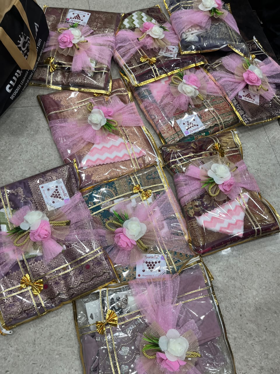 Handcrafted Gold Border Saree Packing Covers with Net Bow