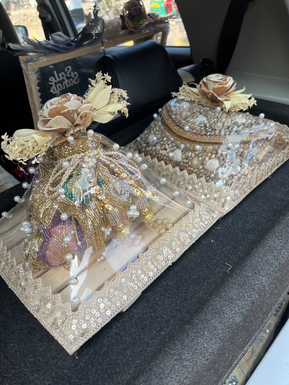 Sequined Gold Lace Wedding Trousseau Trays with Pearls