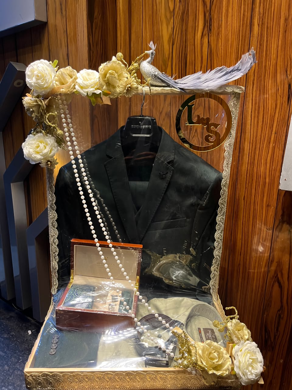 Royal Silver Peacock Groom Outfit Trousseau Packing (Customized acrylic extra )