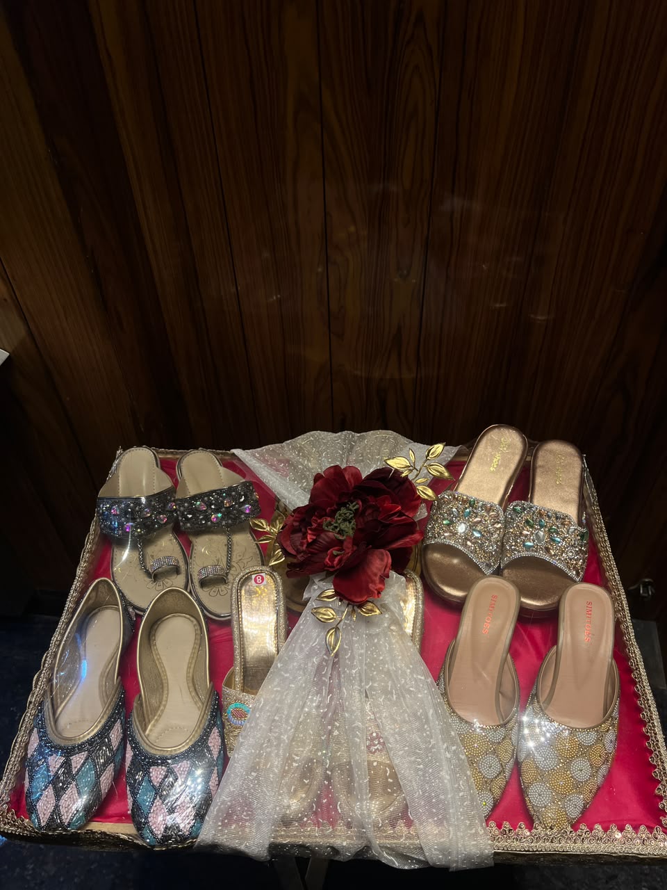 Luxury Handcrafted Bridal Footwear Tray with Net Bow & Flower