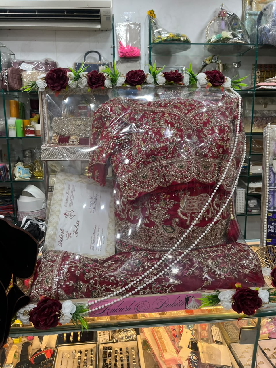 Luxury Handcrafted Wedding Lehenga Packing Frame with Bangles Holder and Wedding Card