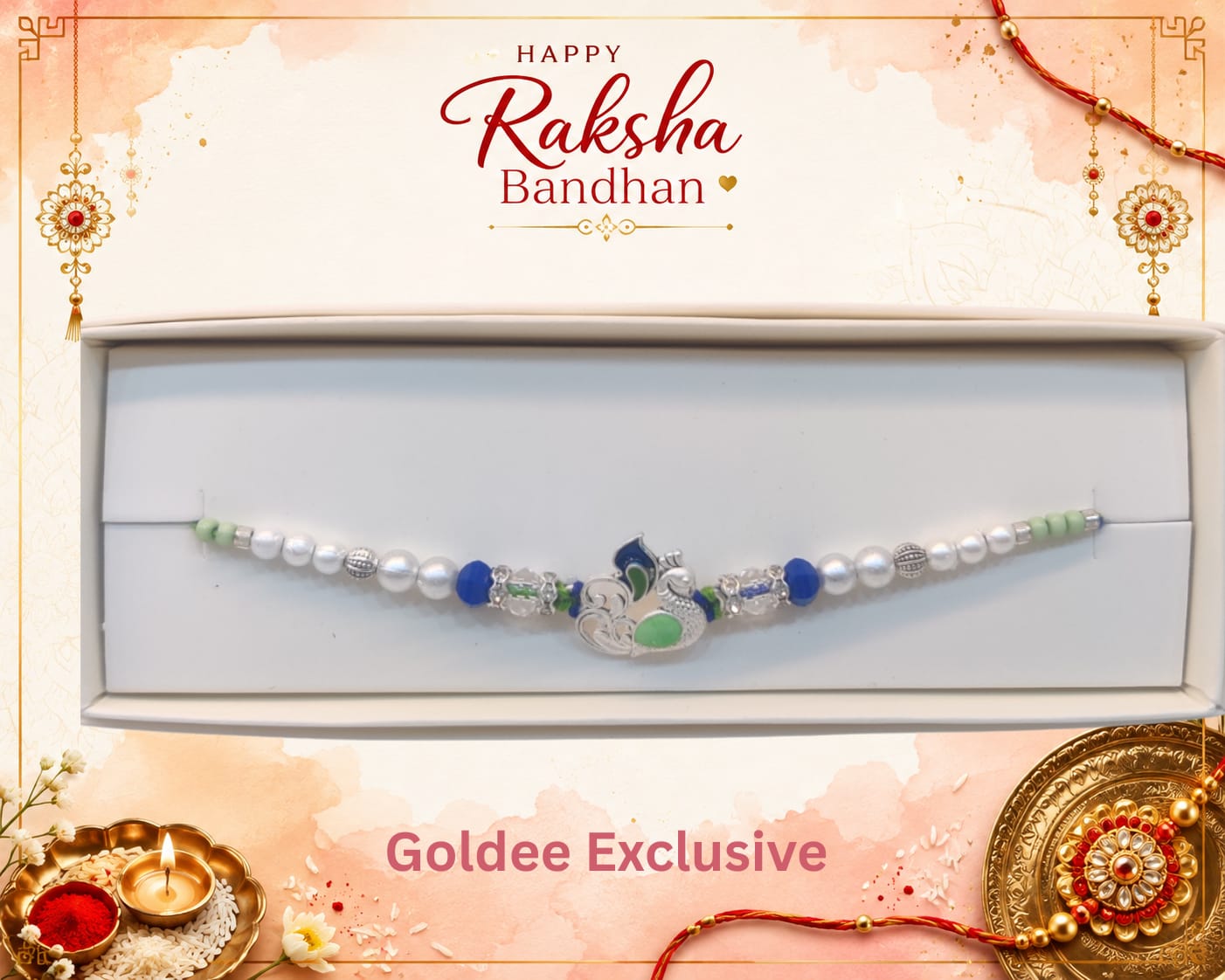Silver Mayur & Pearl Beaded Rakhi