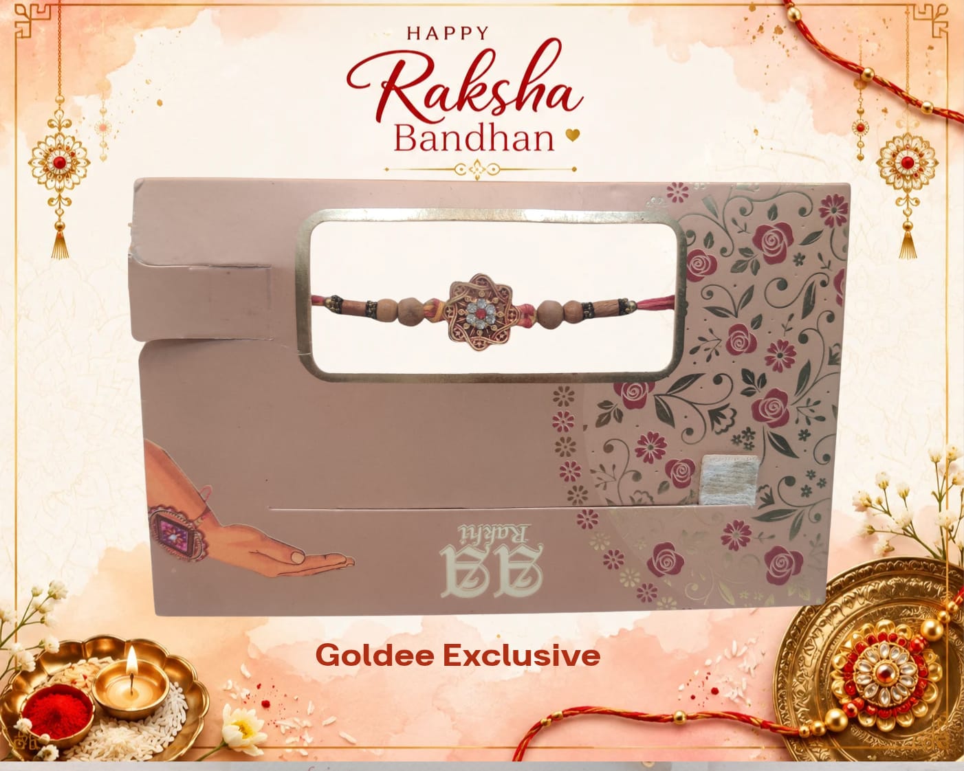 Exclusive - Star-Shaped Wooden Kundan Floral Rakhi