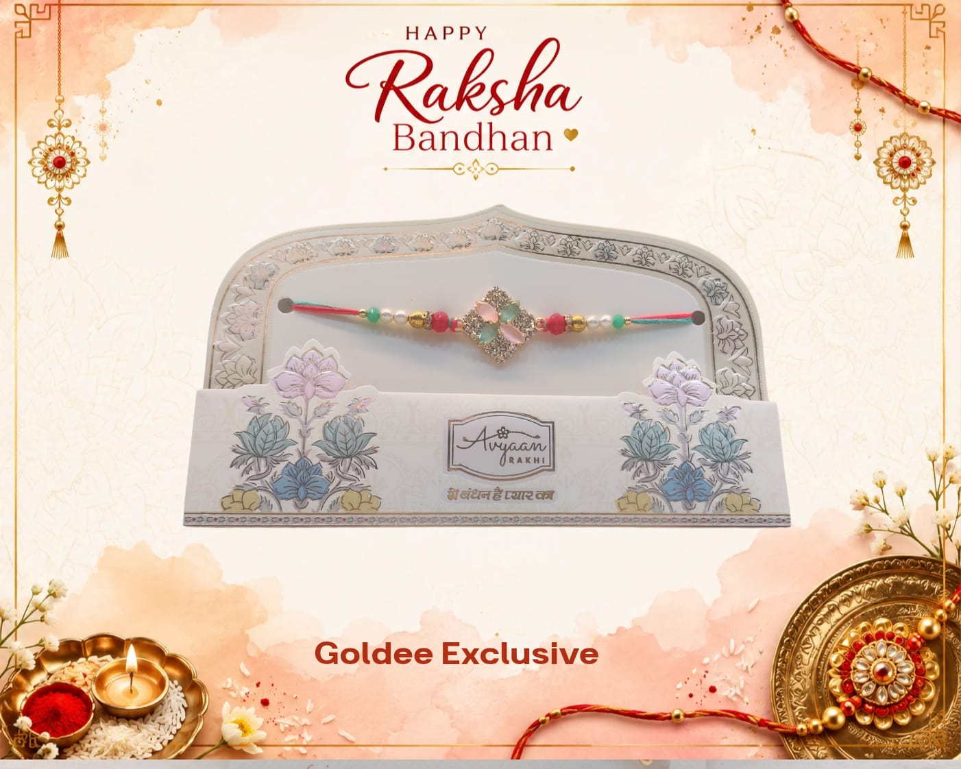 Exclusive - Floral Kundan & Crystal Diamond Rakhi