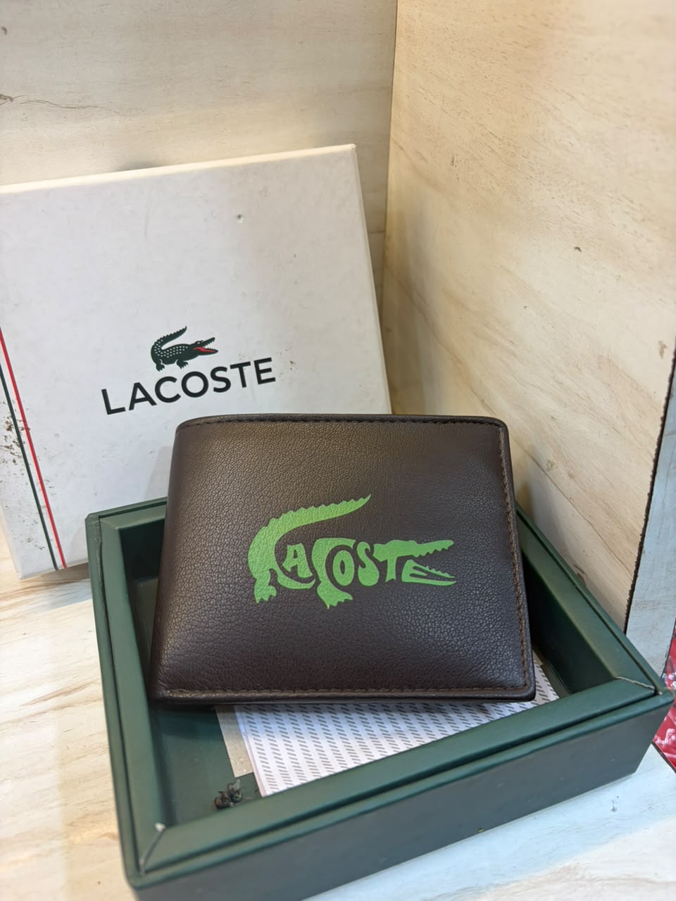 Men's Dark Brown Leather Wallet with Green Logo