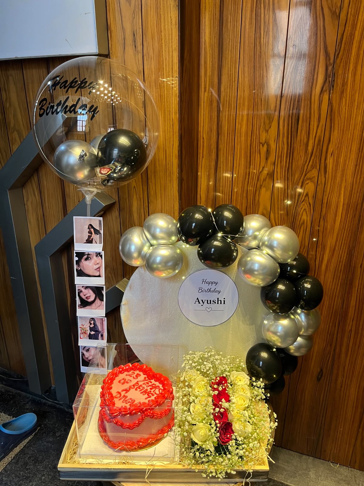 Black and Silver Hamper with Fresh Flower work