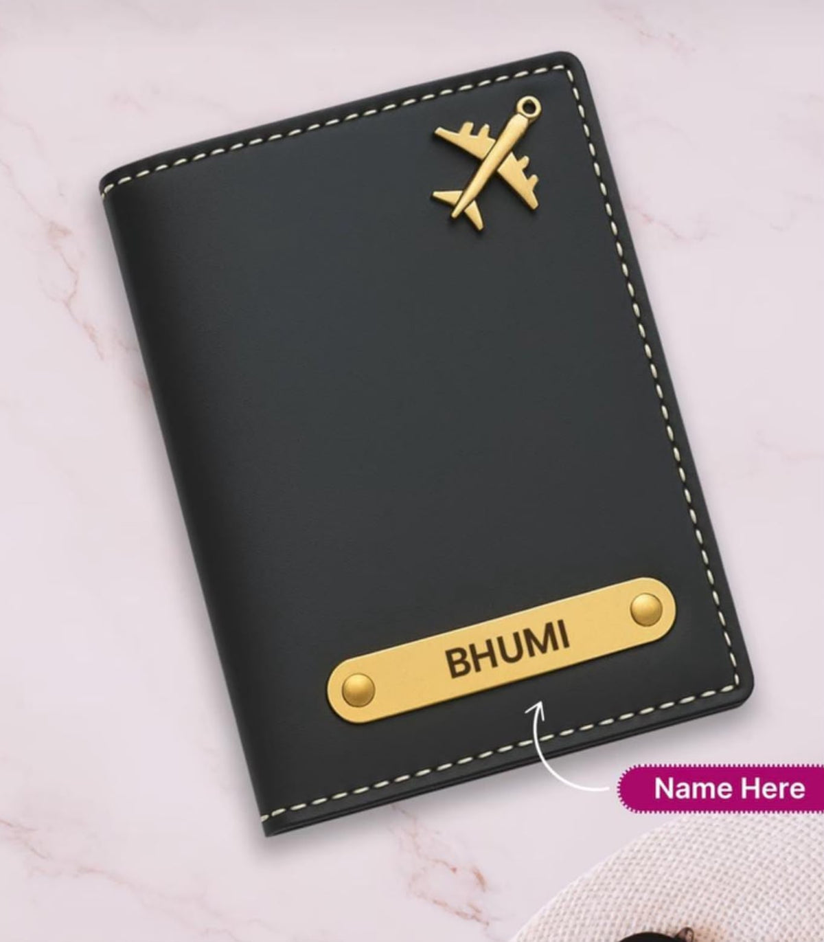 Personalized Name Leather Passport Cover with Airplane Charm