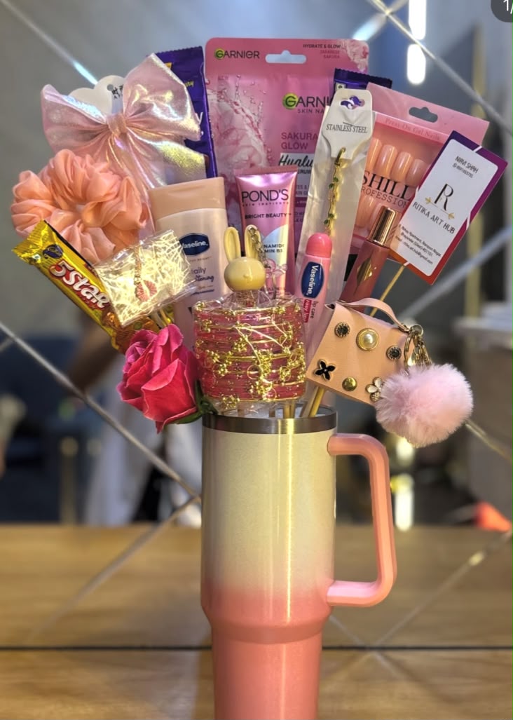 Pink Stainless Steel Tumbler Beauty & Skincare Hamper