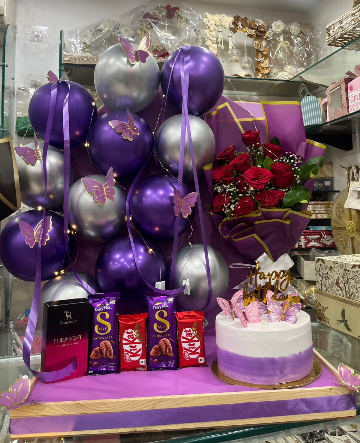 Birthday hamper with rose bouquet and chocolates